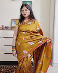 Golden brown peacock motif soft silk zari weaving saree