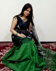 BOTTLE GREEN AND BLACK  Matka Muslin jamdani Saree