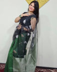 BOTTLE GREEN AND BLACK  Matka Muslin jamdani Saree