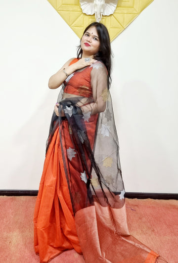 ORANGE AND BLACK Matka Muslin jamdani Saree