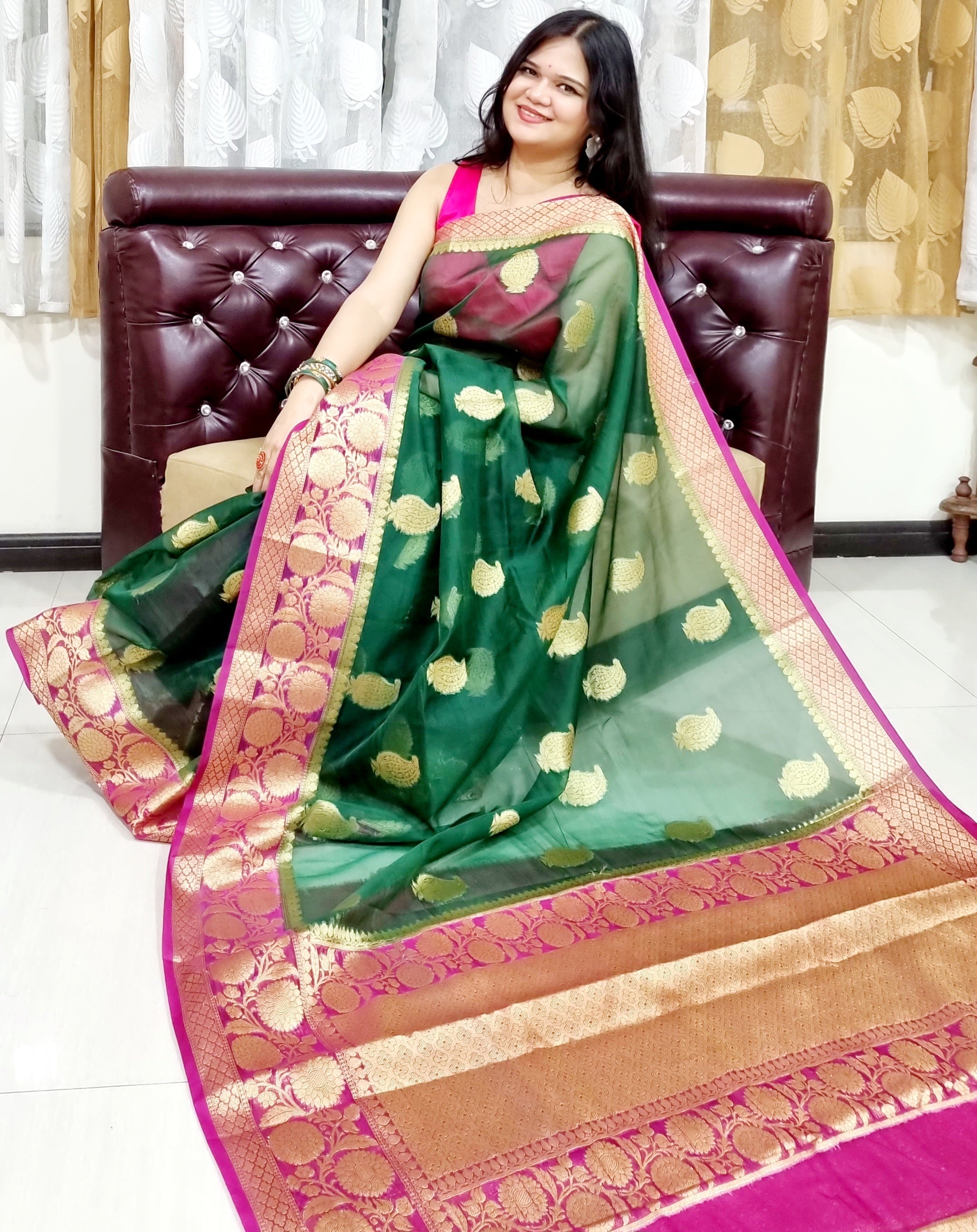 Banarasi organza bottle green