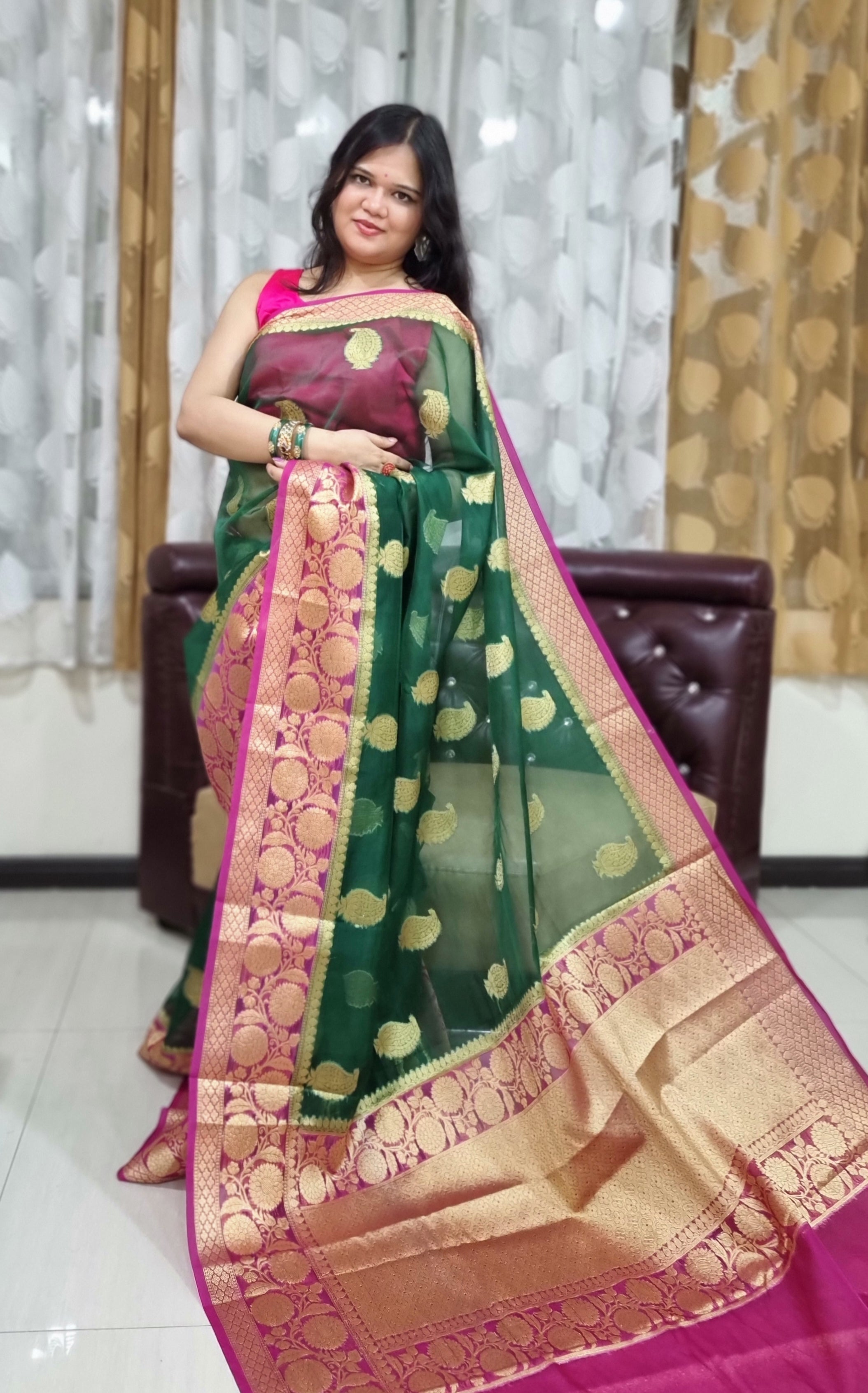 Banarasi organza bottle green