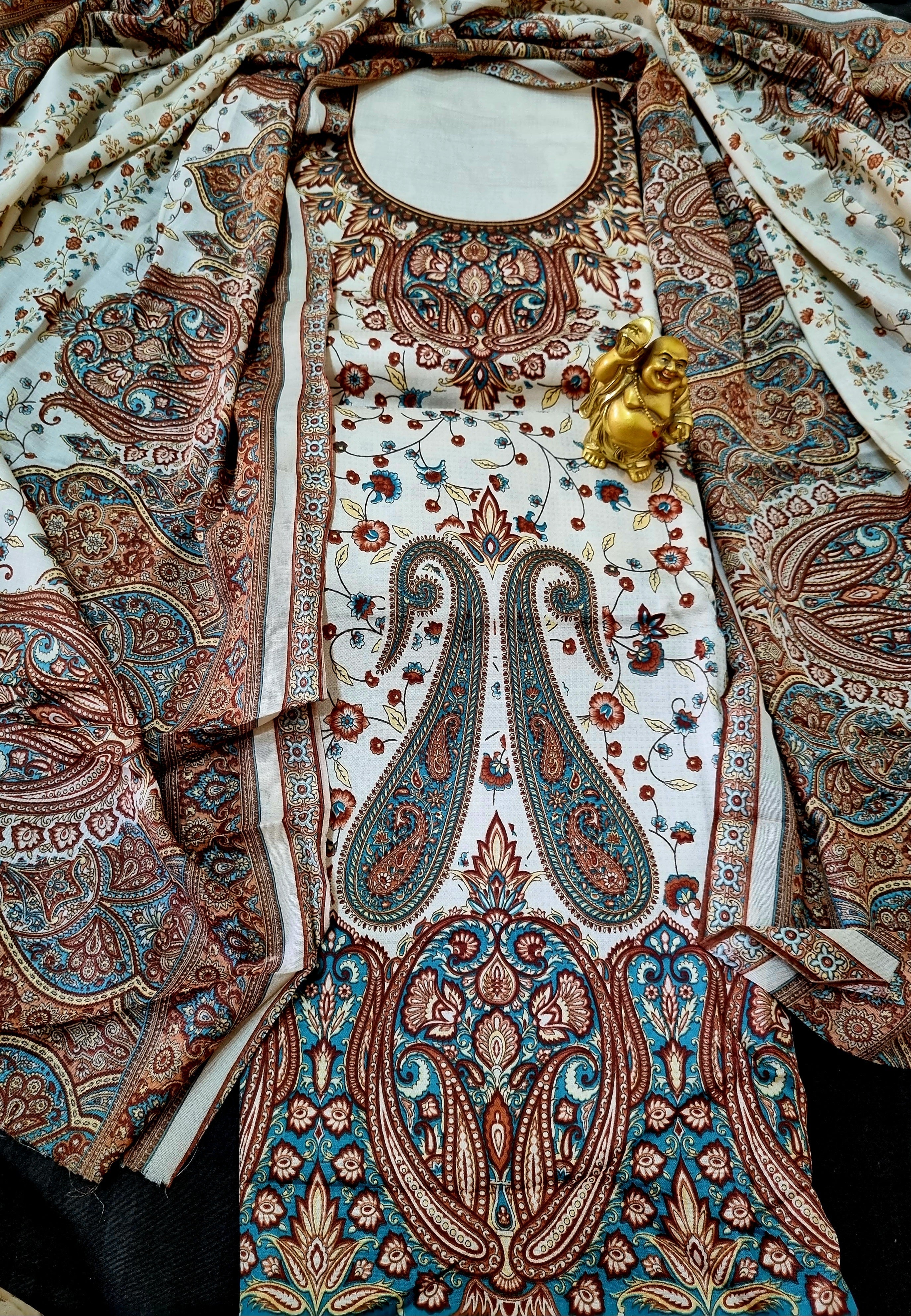 पीच बेज कराची प्रिंट ड्रेस सामग्री