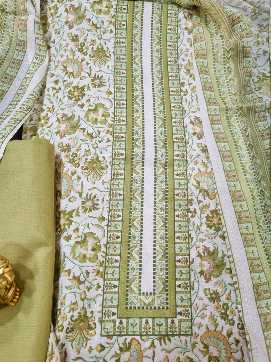 OLIVE GREEN KARANCHI PRINT DRESS MATERIAL