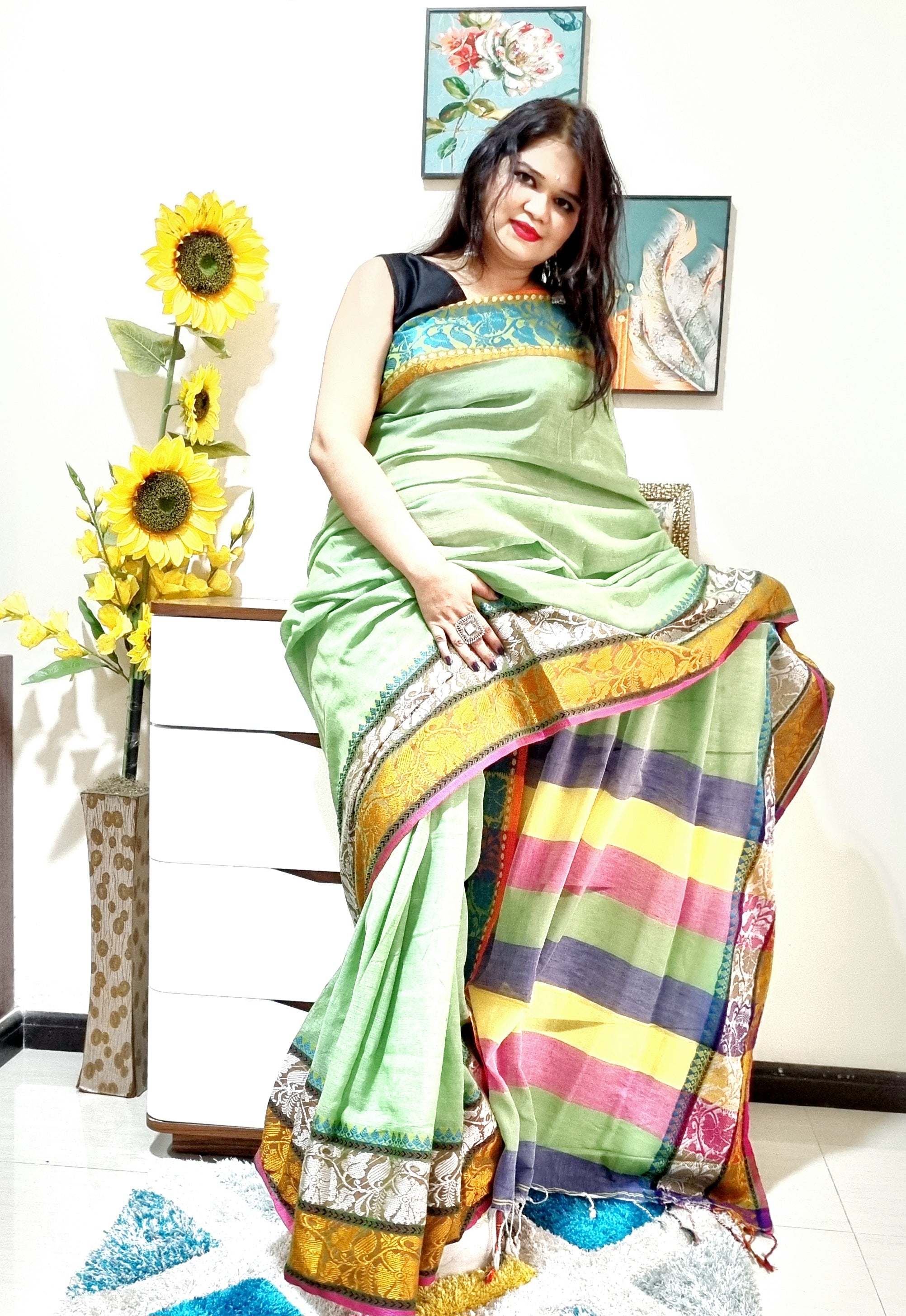 Rainbow border Soft cotton saree