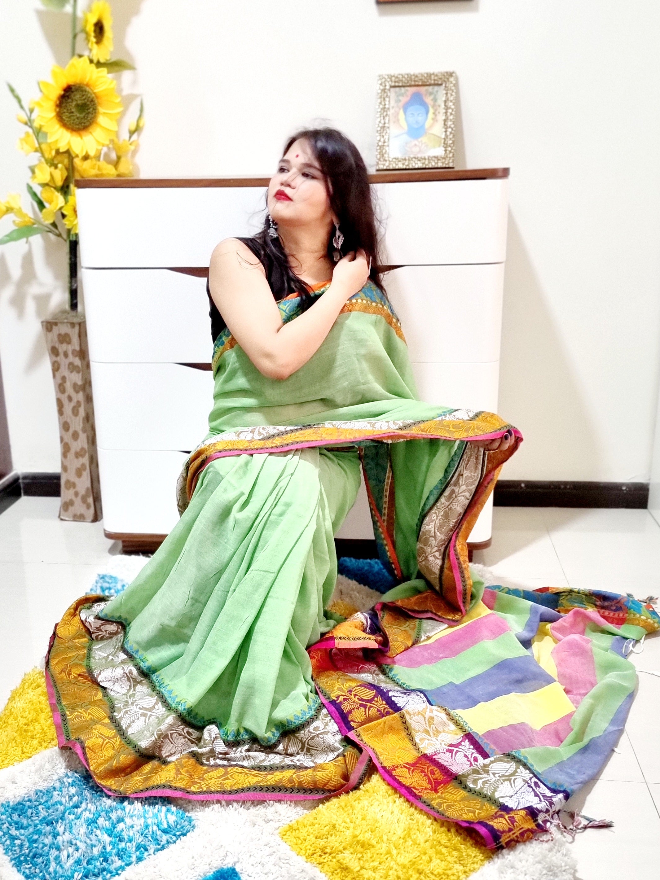 Rainbow border Soft cotton saree