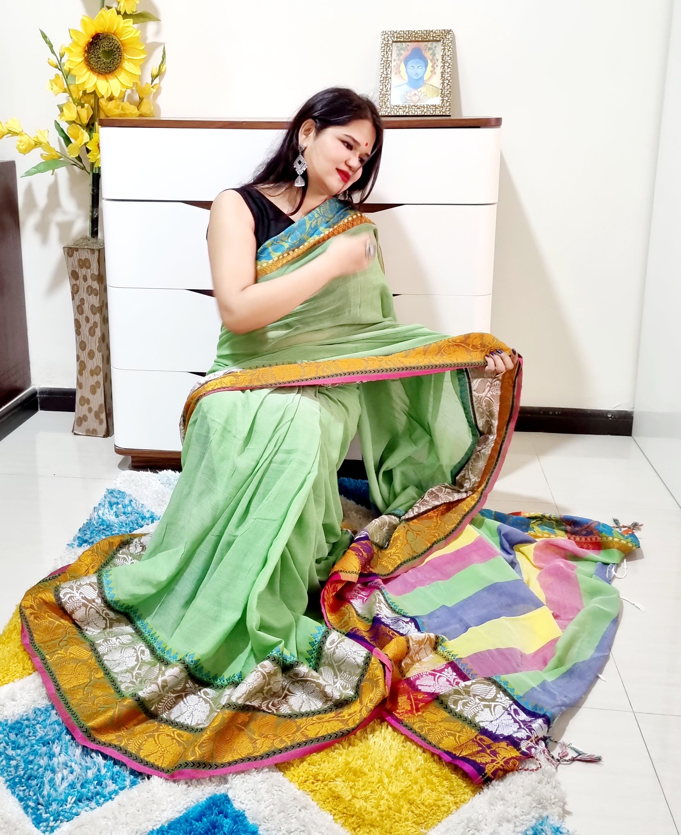 Rainbow border Soft cotton saree