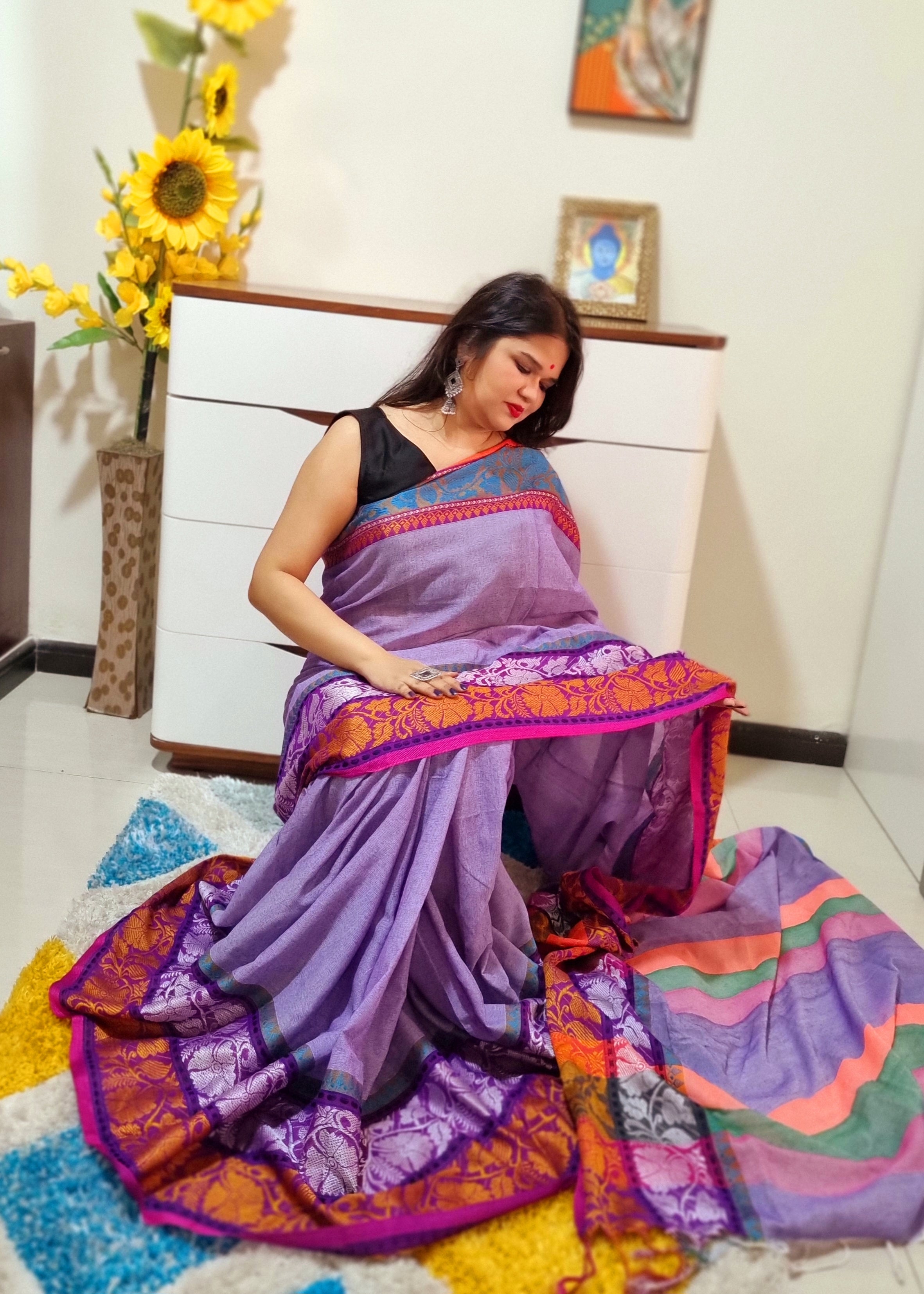 Rainbow border Soft cotton saree