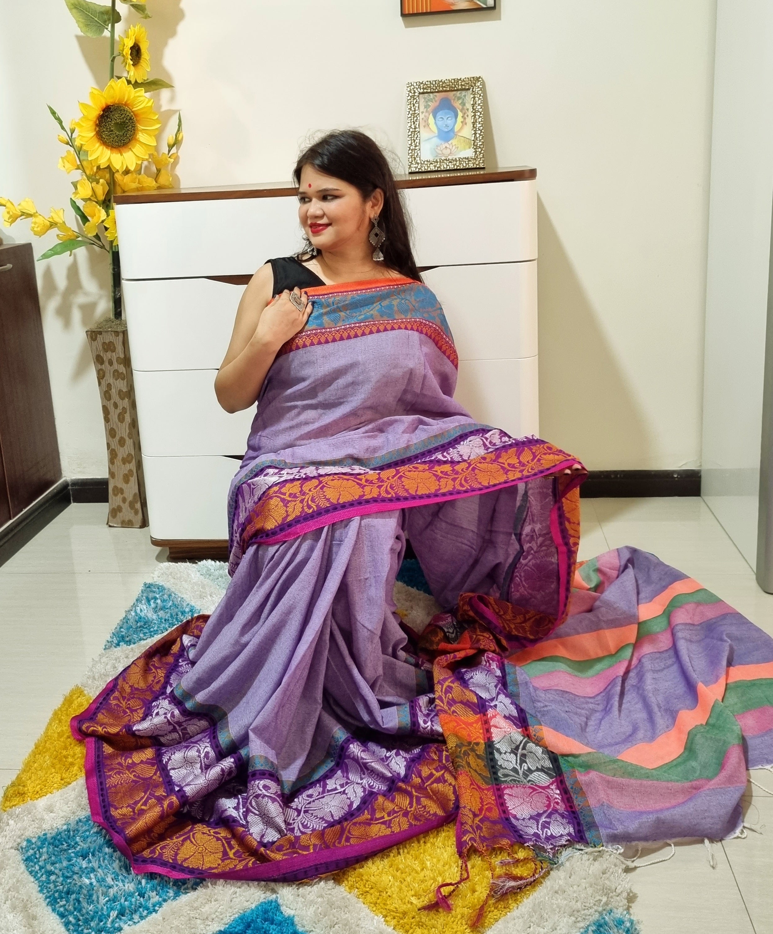 Rainbow border Soft cotton saree