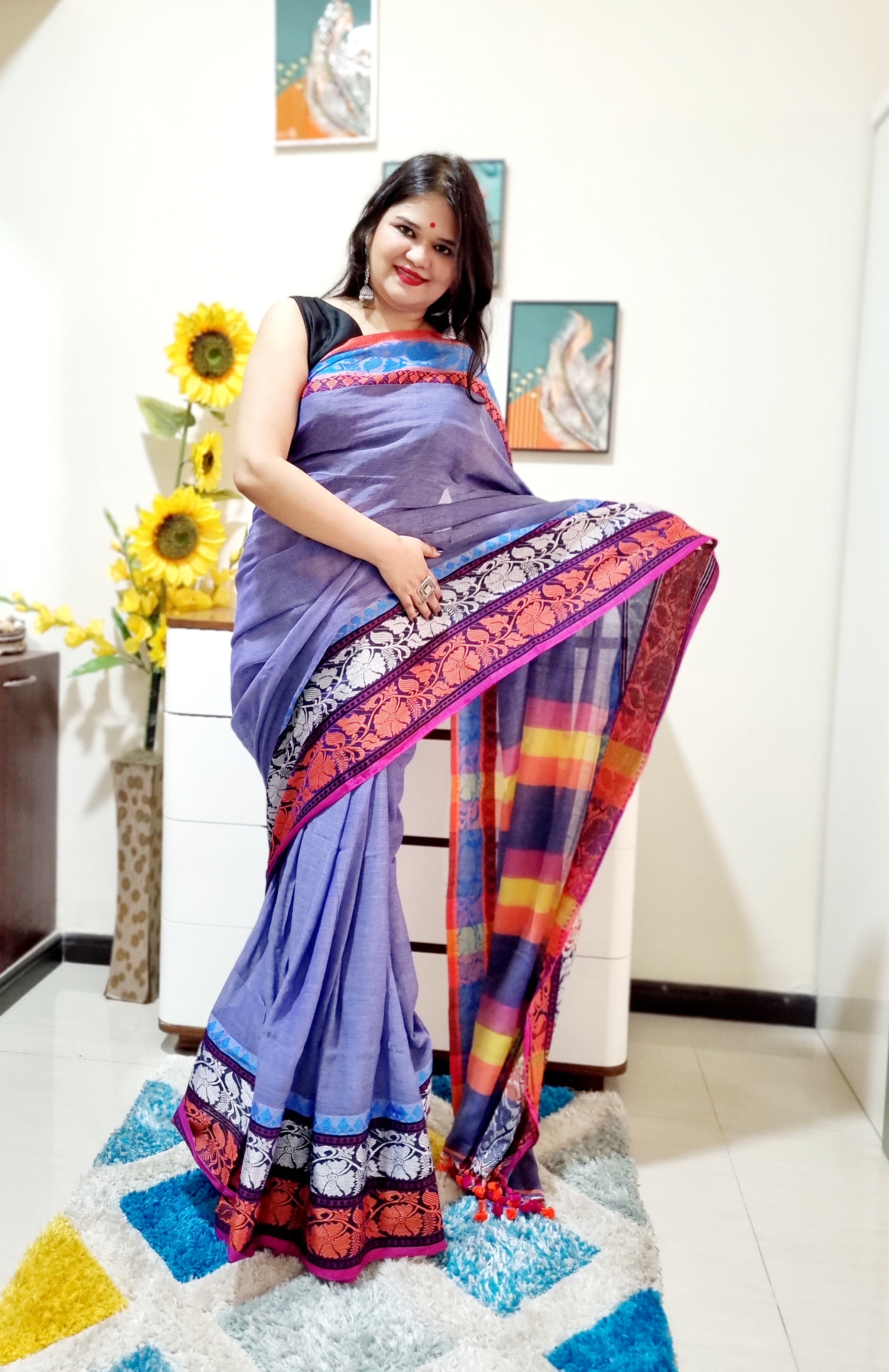 Rainbow border Soft cotton saree