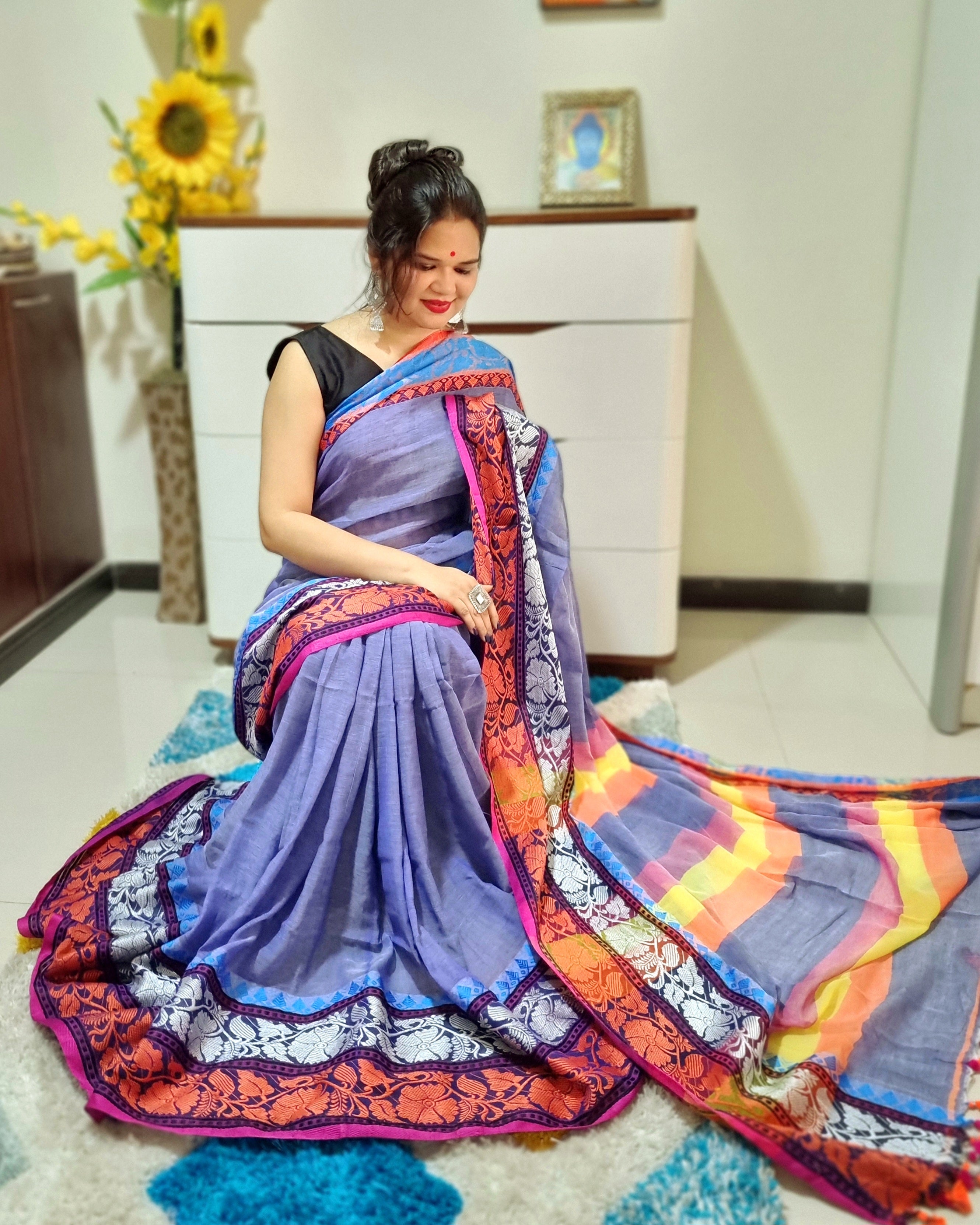 Rainbow border Soft cotton saree