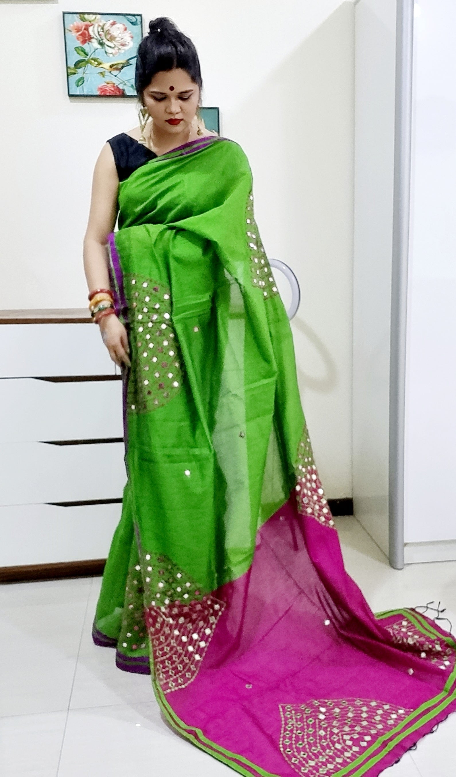 Mirror work Handloom Saree