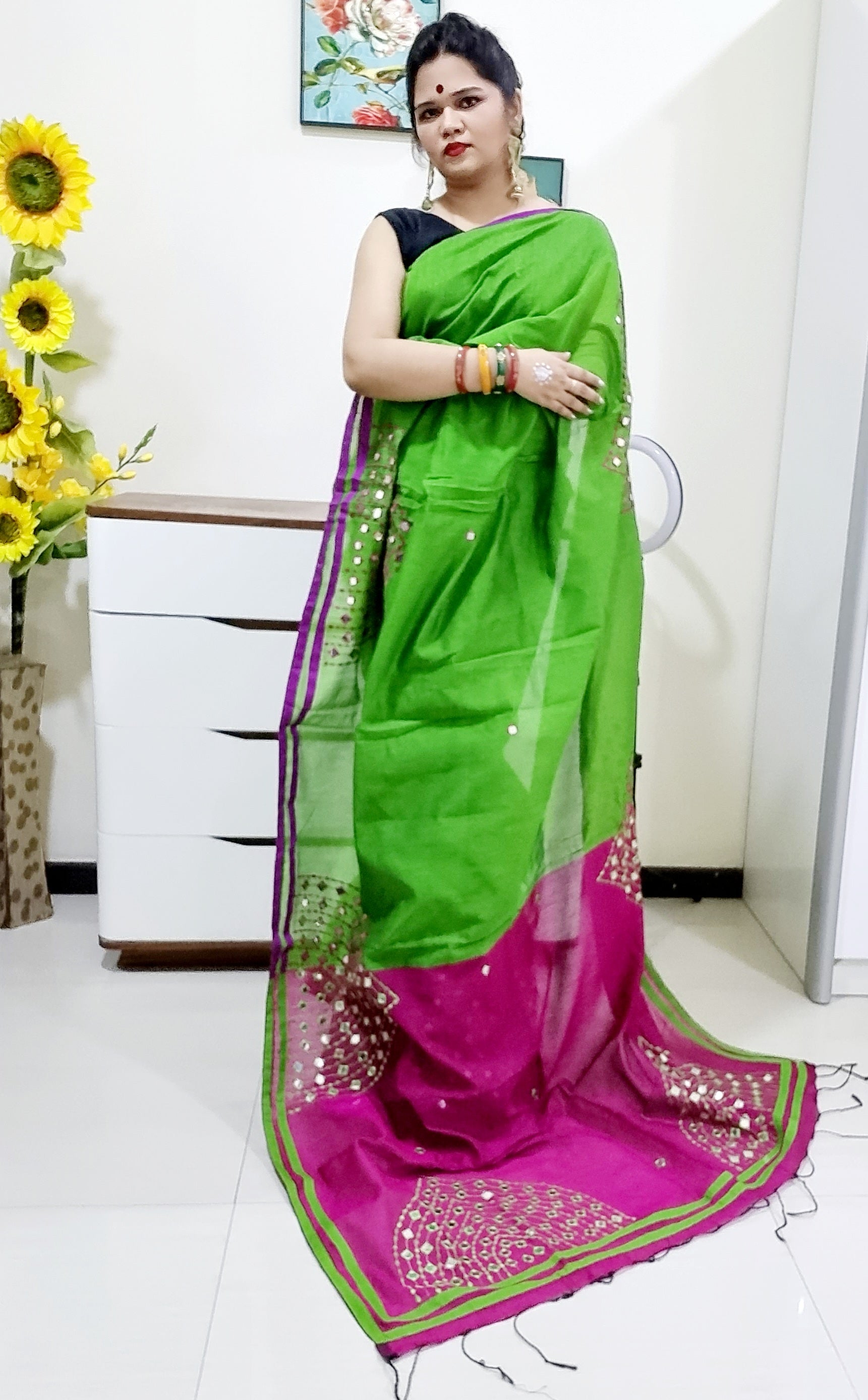 Mirror work Handloom Saree