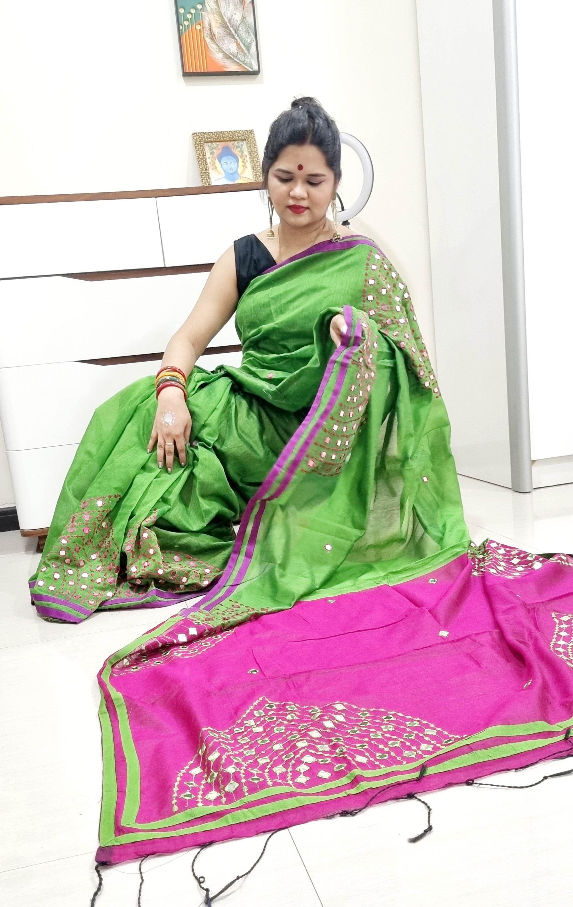 Mirror work Handloom Saree