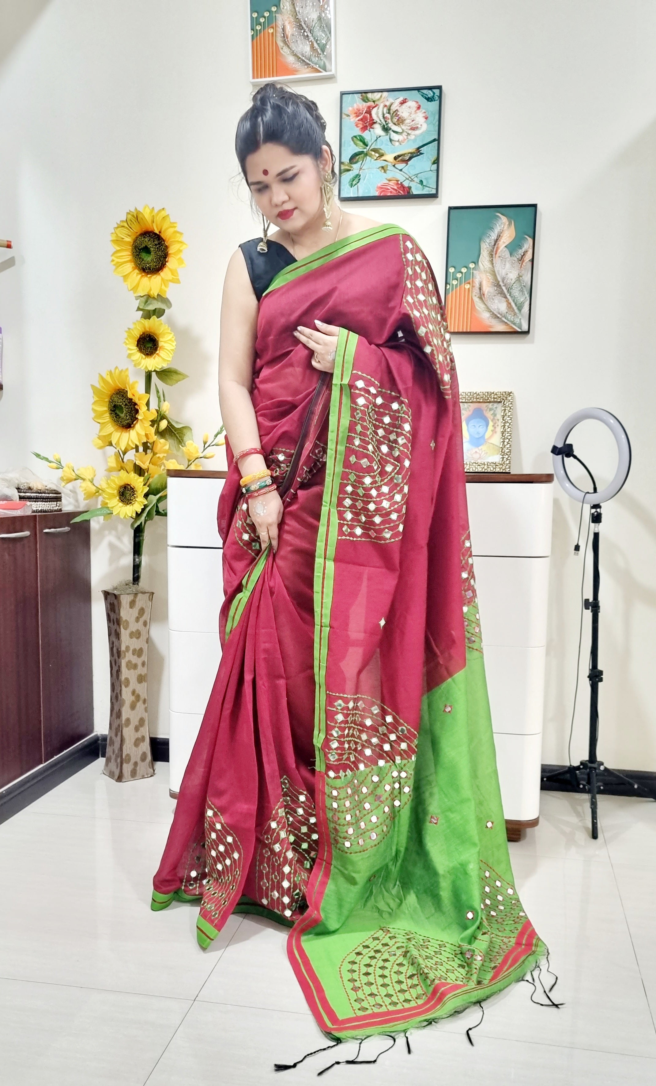 Mirror work Handloom Saree