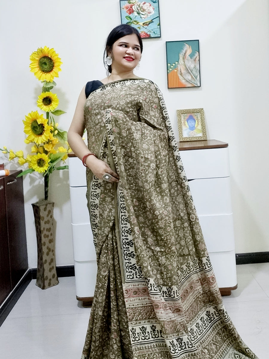 Kalamkari silk olive green (Machilipatnam) pedana work saree