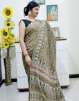 Kalamkari silk olive green (Machilipatnam) pedana work saree