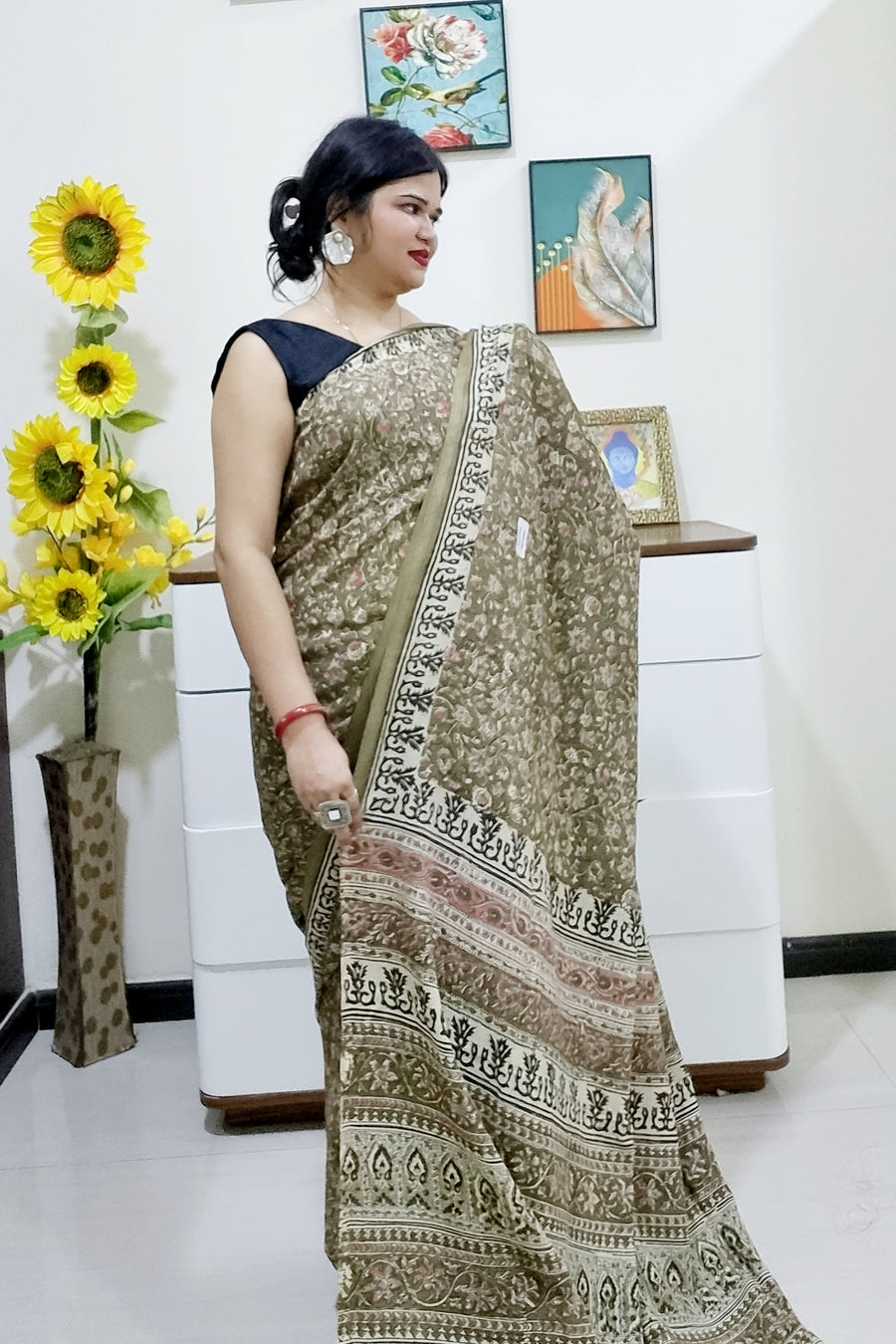 Kalamkari silk olive green (Machilipatnam) pedana work saree