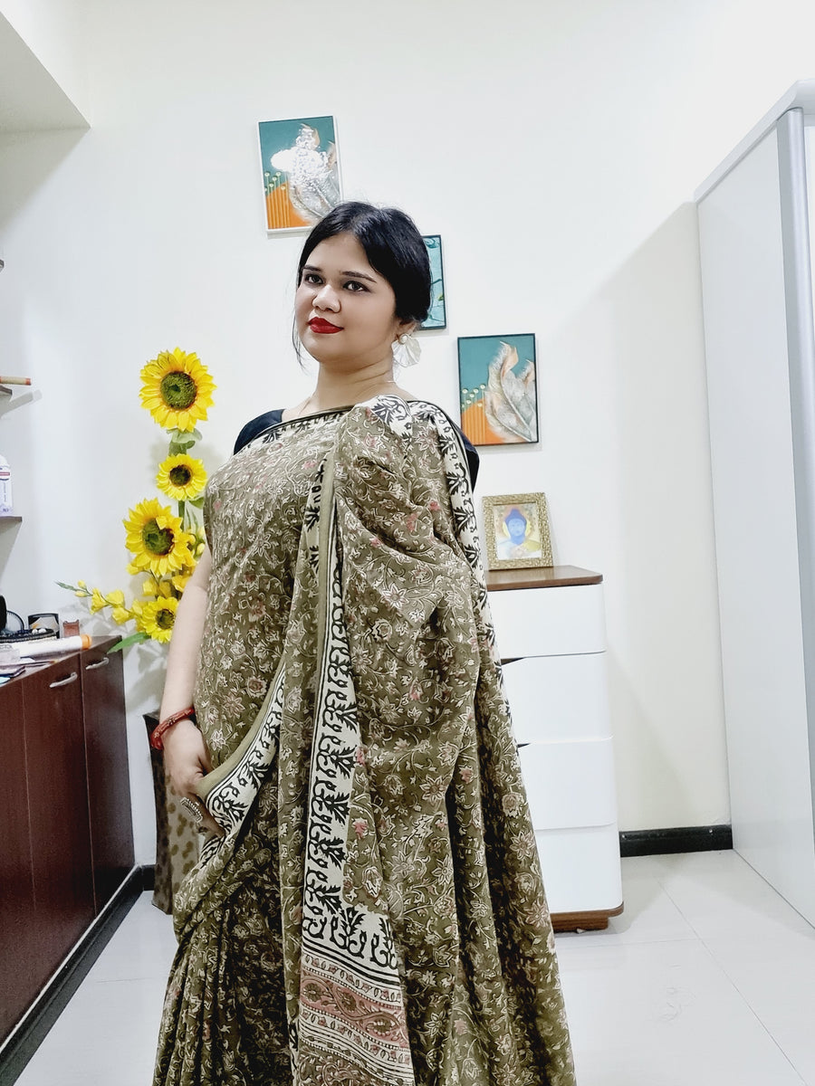 Kalamkari silk olive green (Machilipatnam) pedana work saree