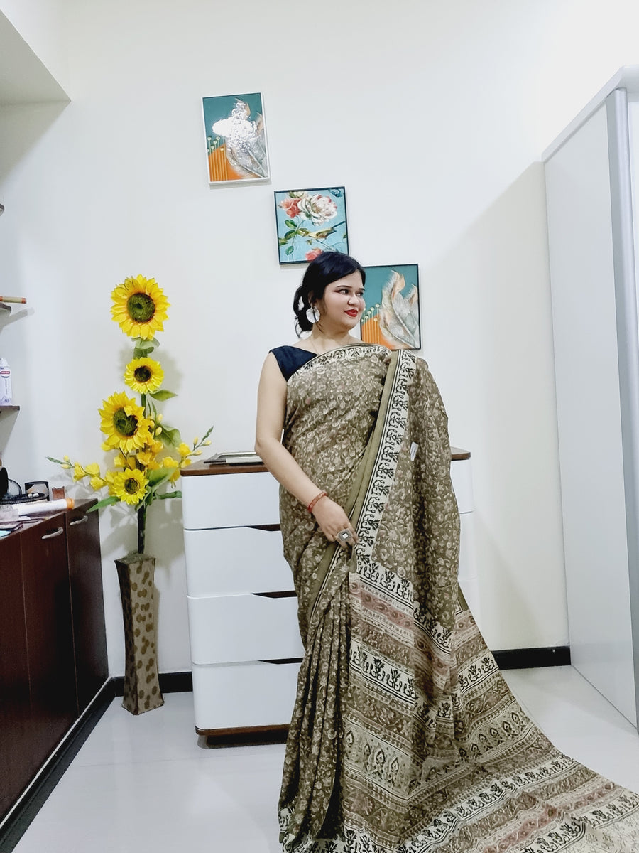 Kalamkari silk olive green (Machilipatnam) pedana work saree