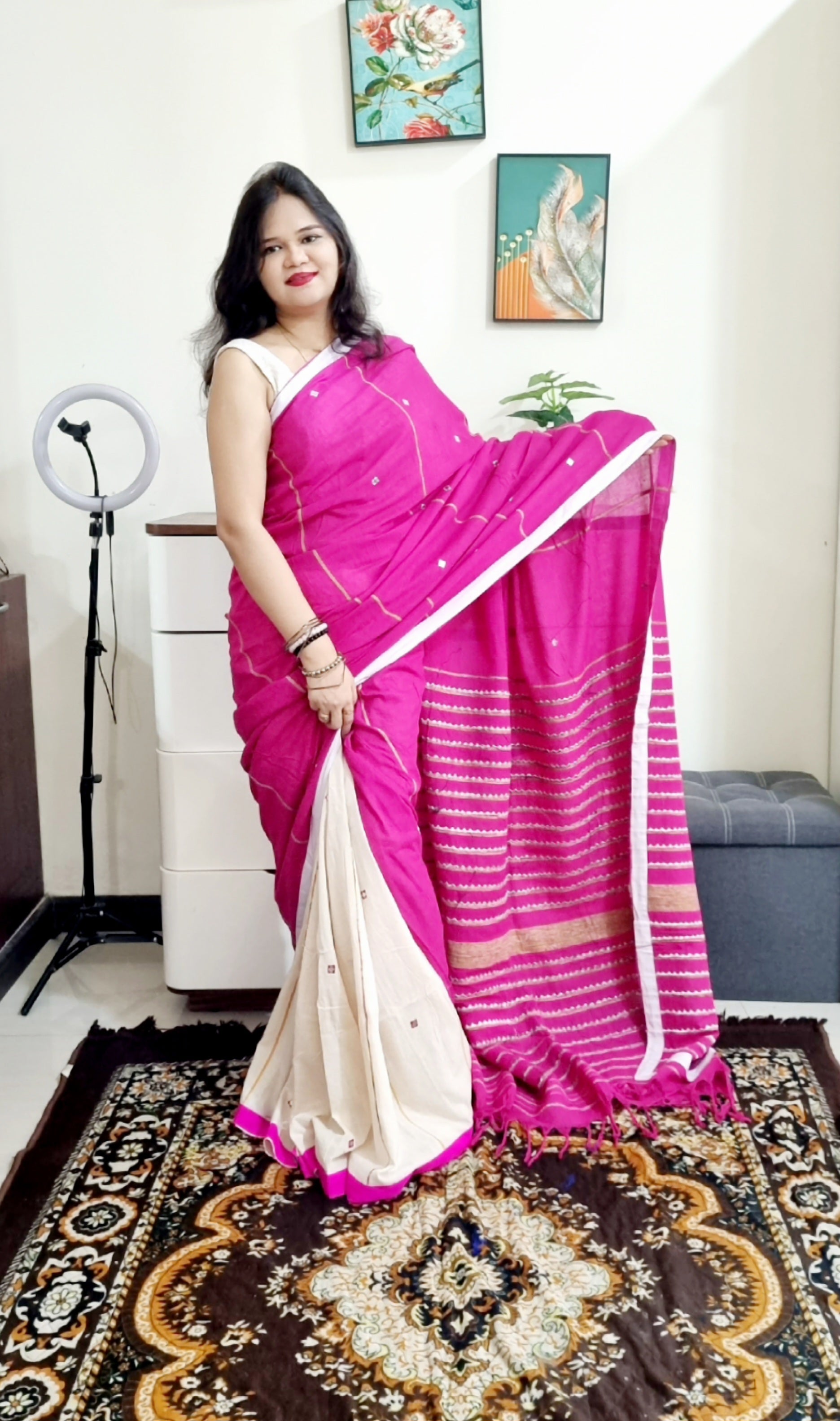 Khes soft cotton mirror work white pink saree