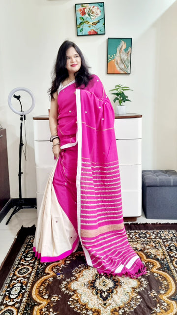 Khes soft cotton mirror work white pink saree