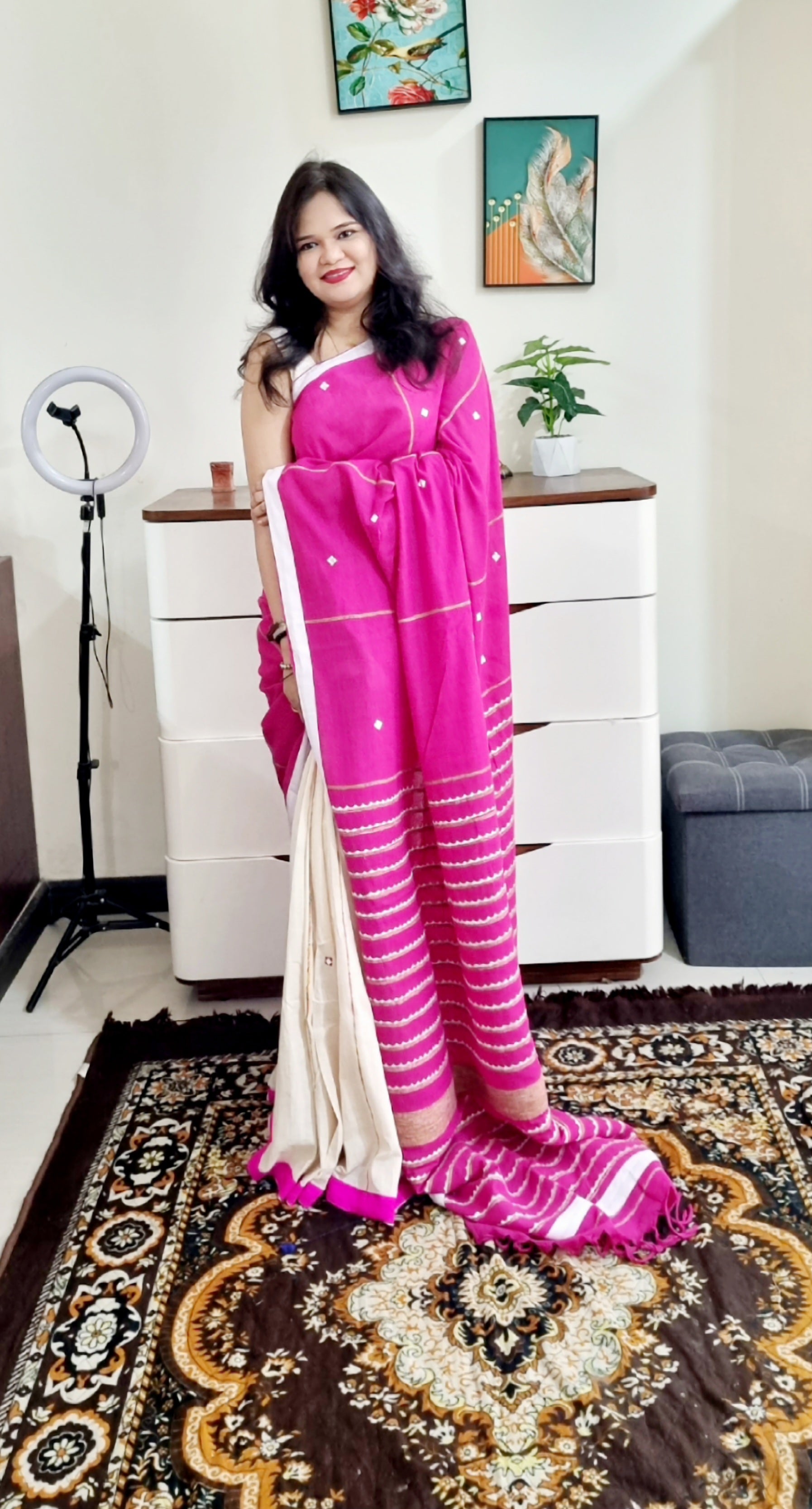 Khes soft cotton mirror work white pink saree