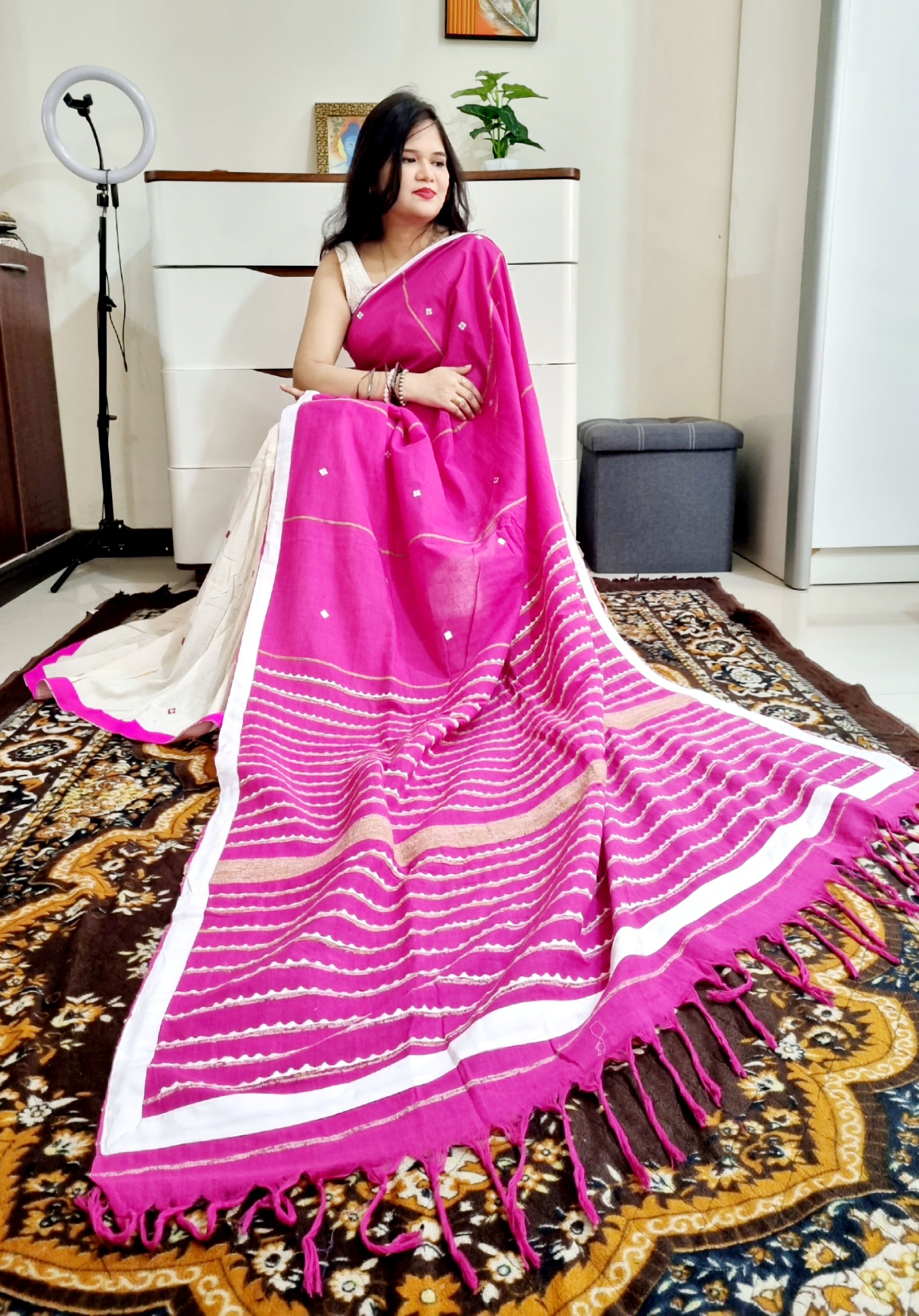 Khes soft cotton mirror work white pink saree