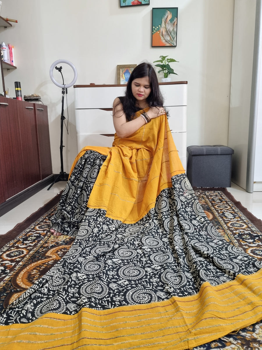 Khes soft cotton bengal handloom fusion saree