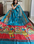 Khadi silk teal blue saree