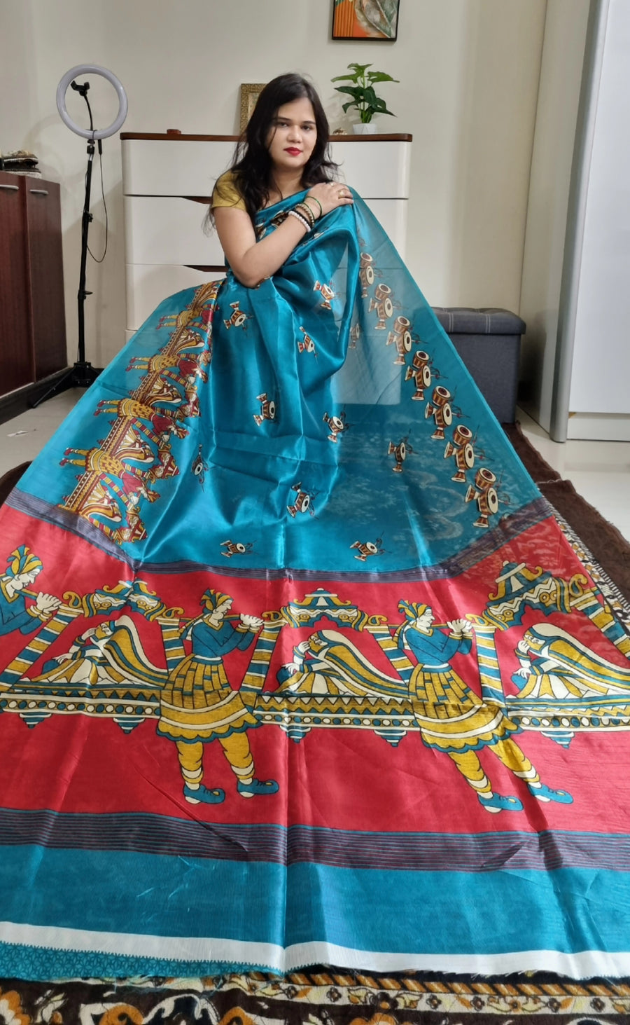 Khadi silk teal blue saree