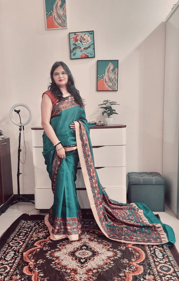 Rama green kalamkari print khadi silk saree