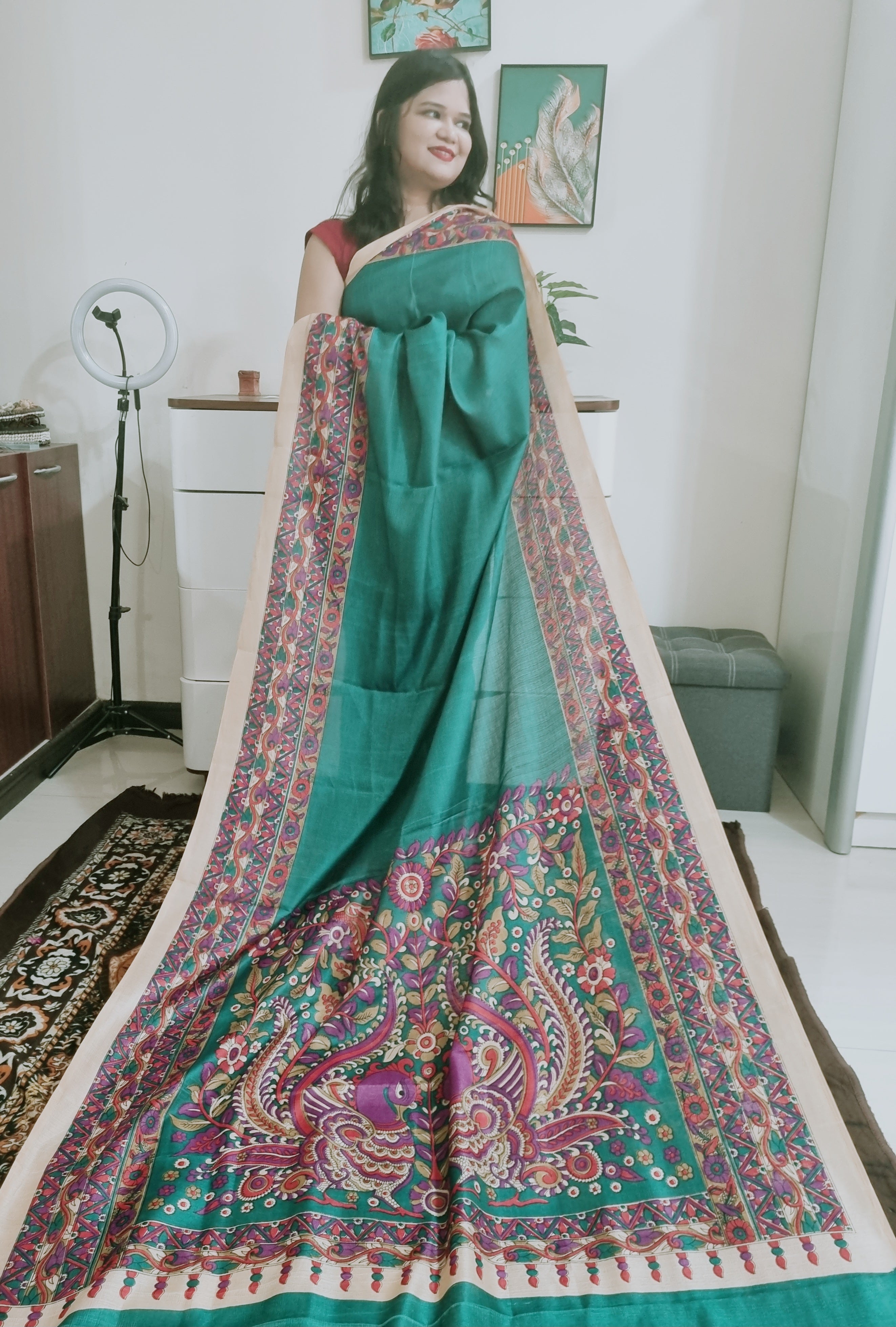 Rama green kalamkari print khadi silk saree