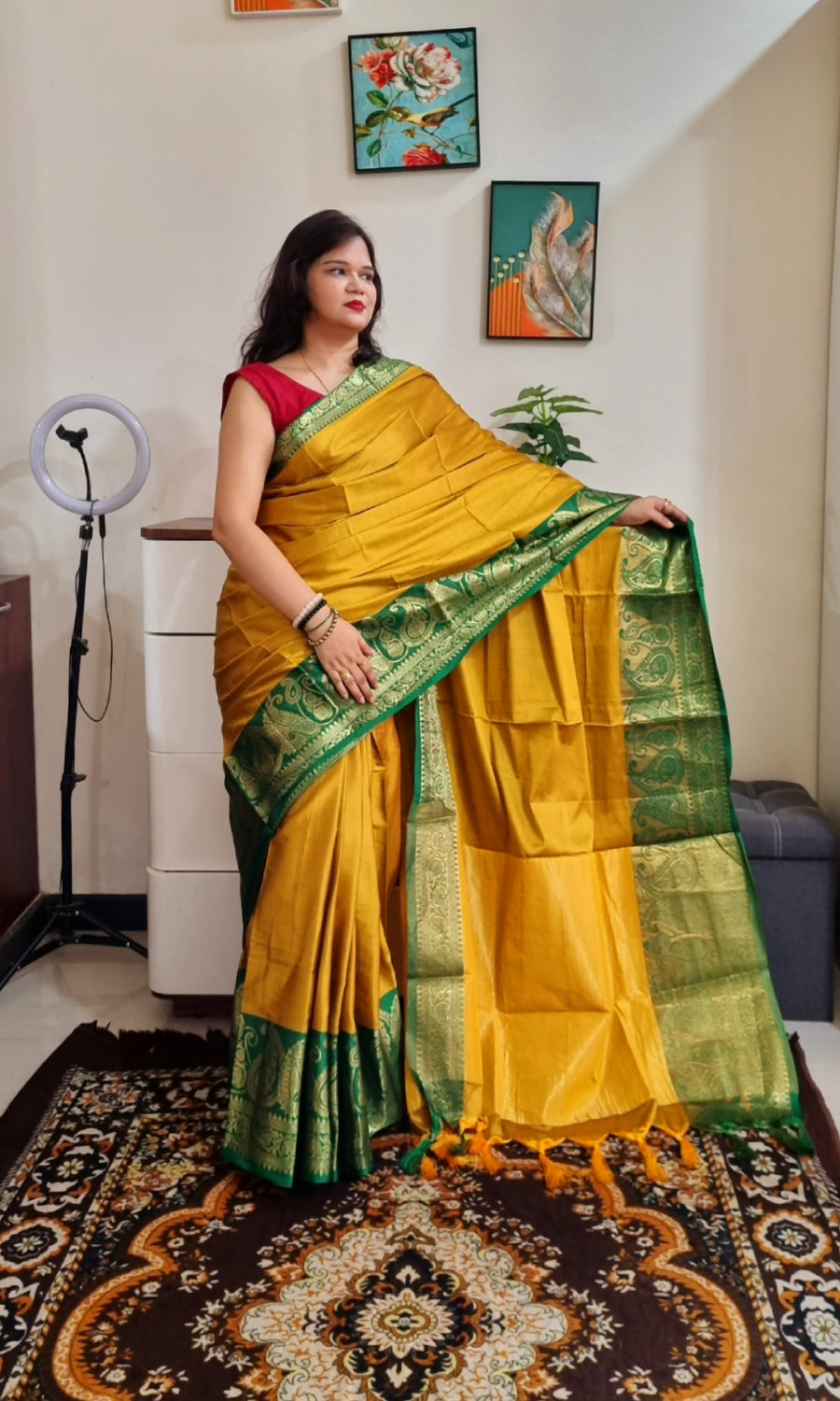 Mustard green rich border silk cotton saree