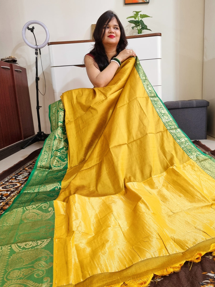 Mustard green rich border silk cotton saree