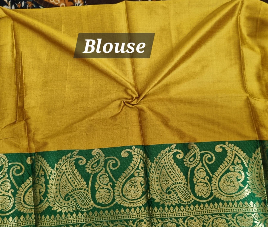 Mustard green rich border silk cotton saree