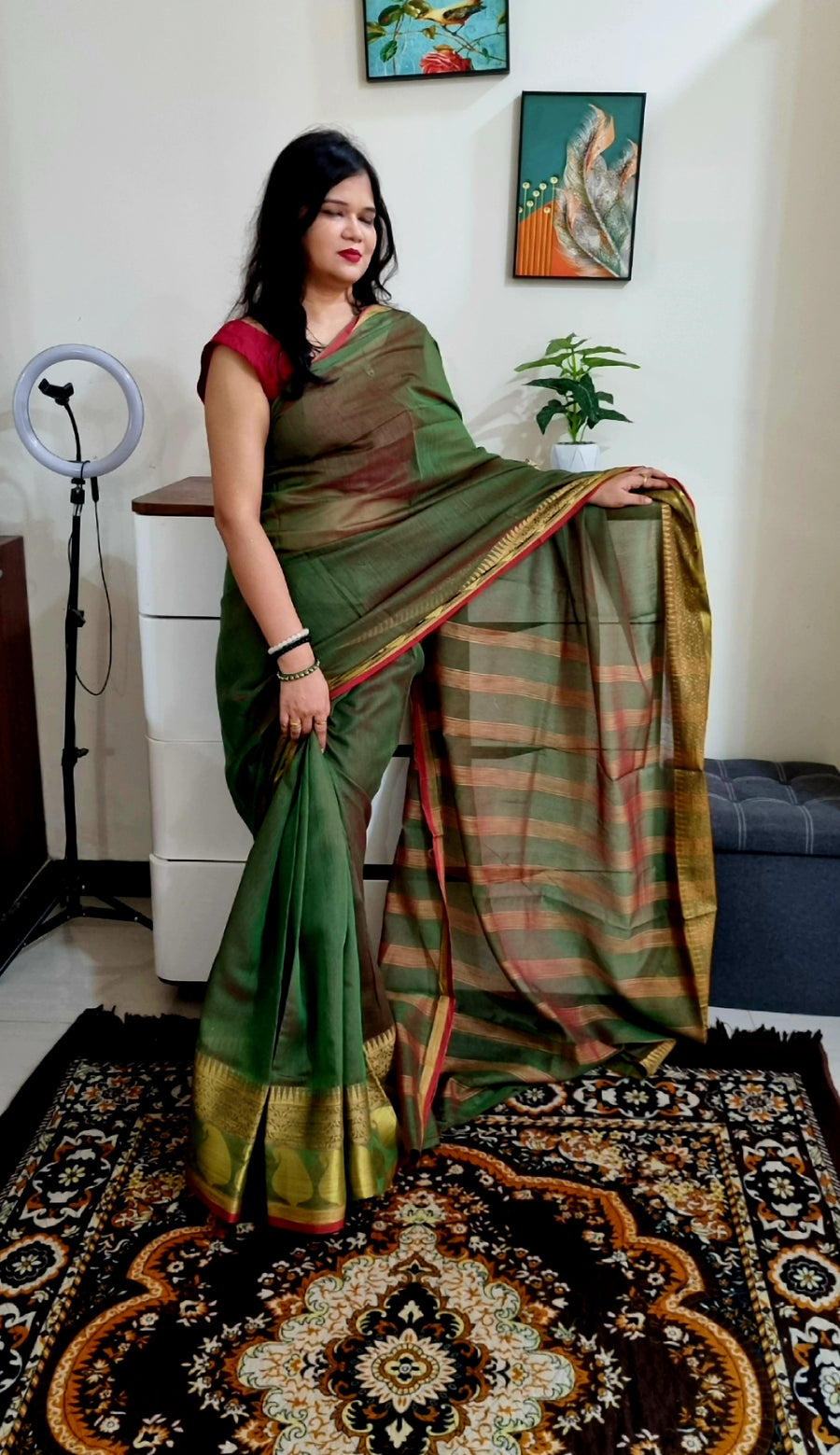 Dual tone mehandi green premium cotton saree