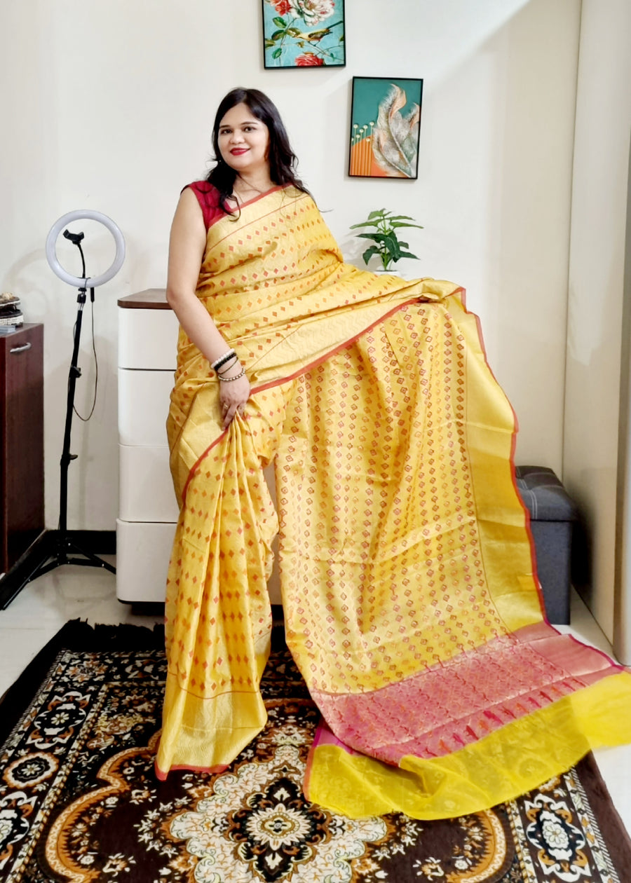 Kota silk weaving yellow saree with geometri pattern