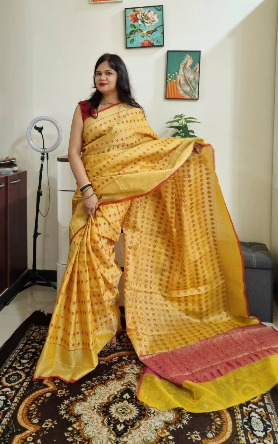 Kota silk weaving yellow saree with geometri pattern