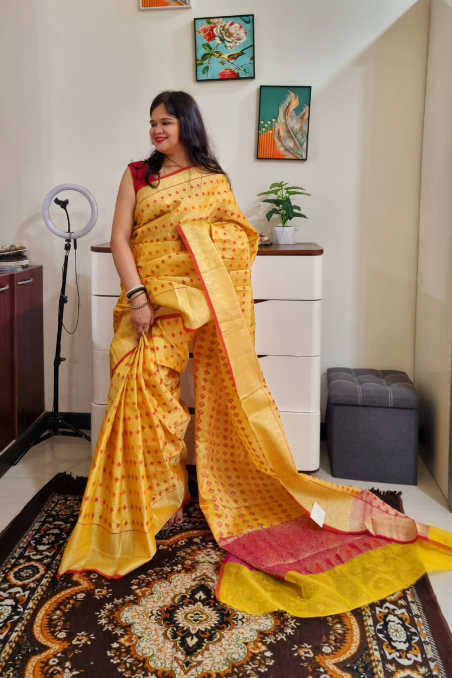 Kota silk weaving yellow saree with geometri pattern