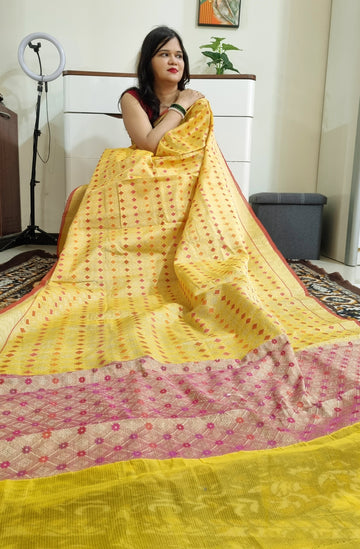 Kota silk weaving yellow saree with geometri pattern