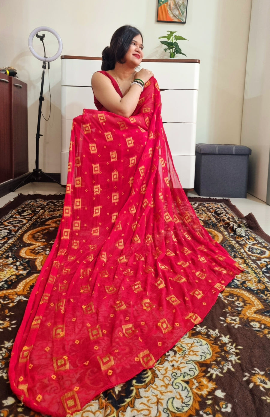 Nazmeen chiffon zari work red saree