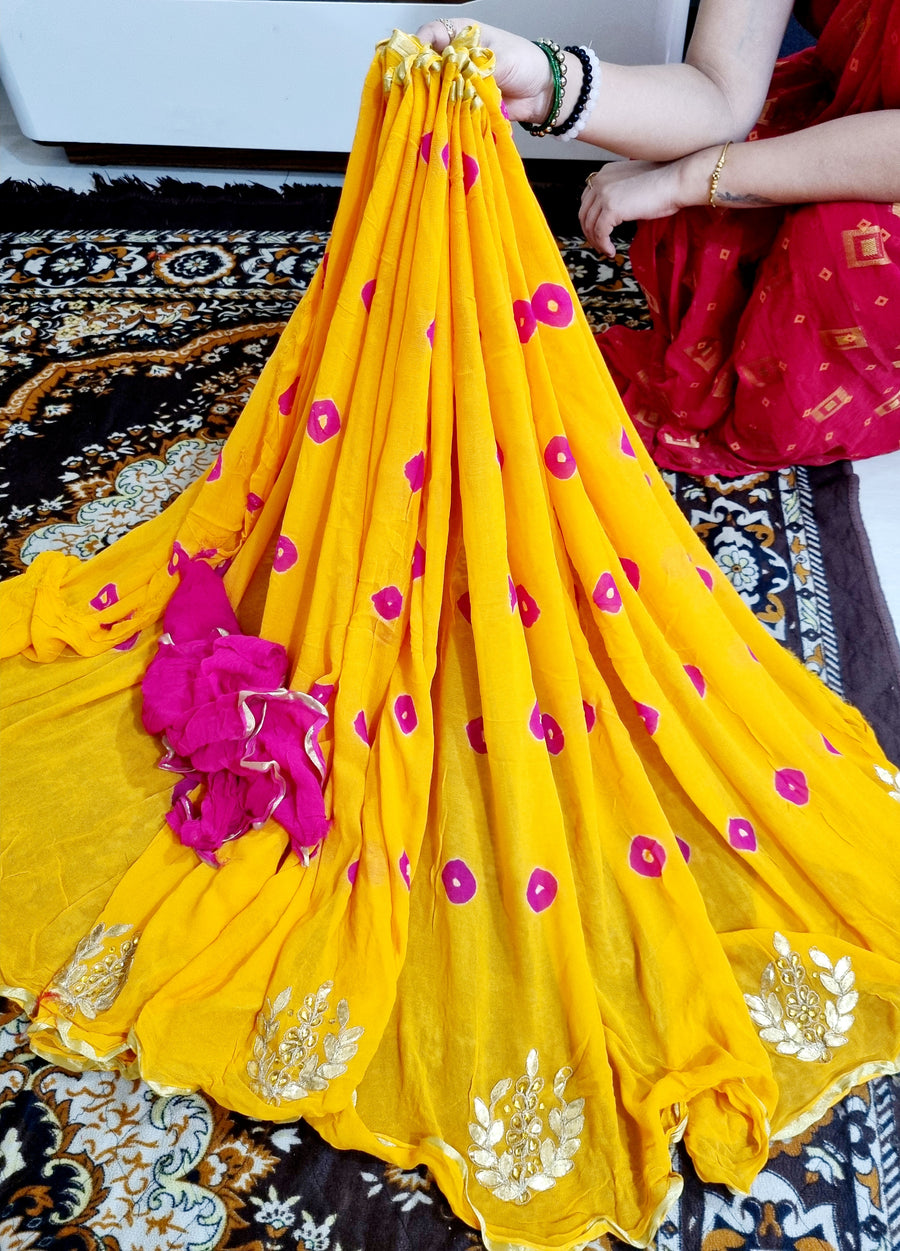 Pure georgette handwork gottapatti bandhej Saree