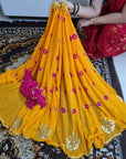 Pure georgette handwork gottapatti bandhej Saree