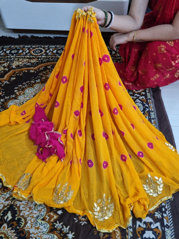 Pure georgette handwork gottapatti bandhej Saree