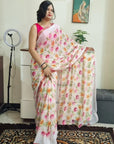 Floral Print premium Georgette white saree