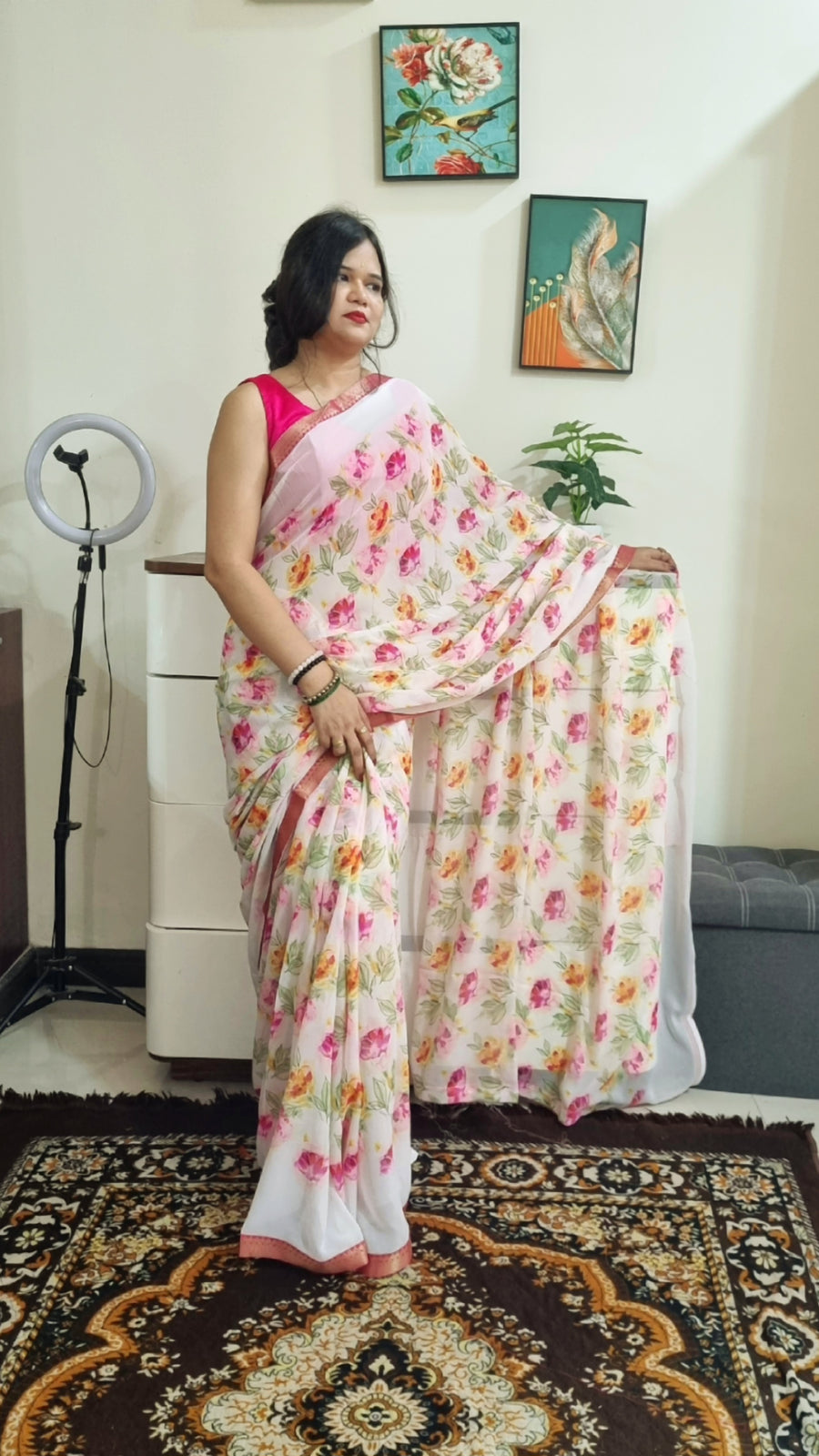 Floral Print premium Georgette white saree