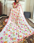 Floral Print premium Georgette white saree