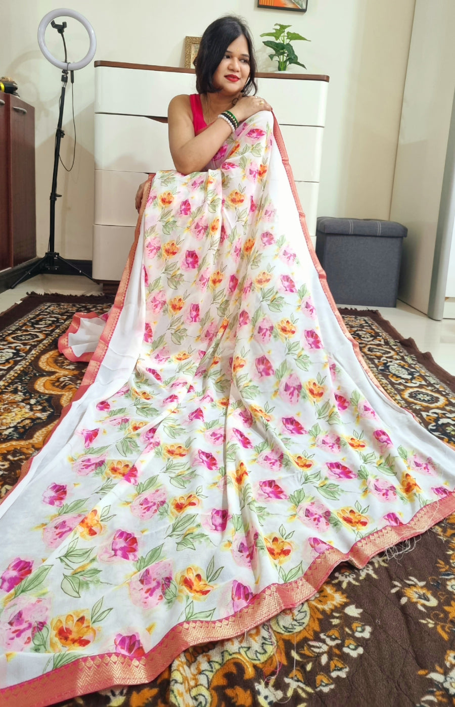 Floral Print premium Georgette white saree