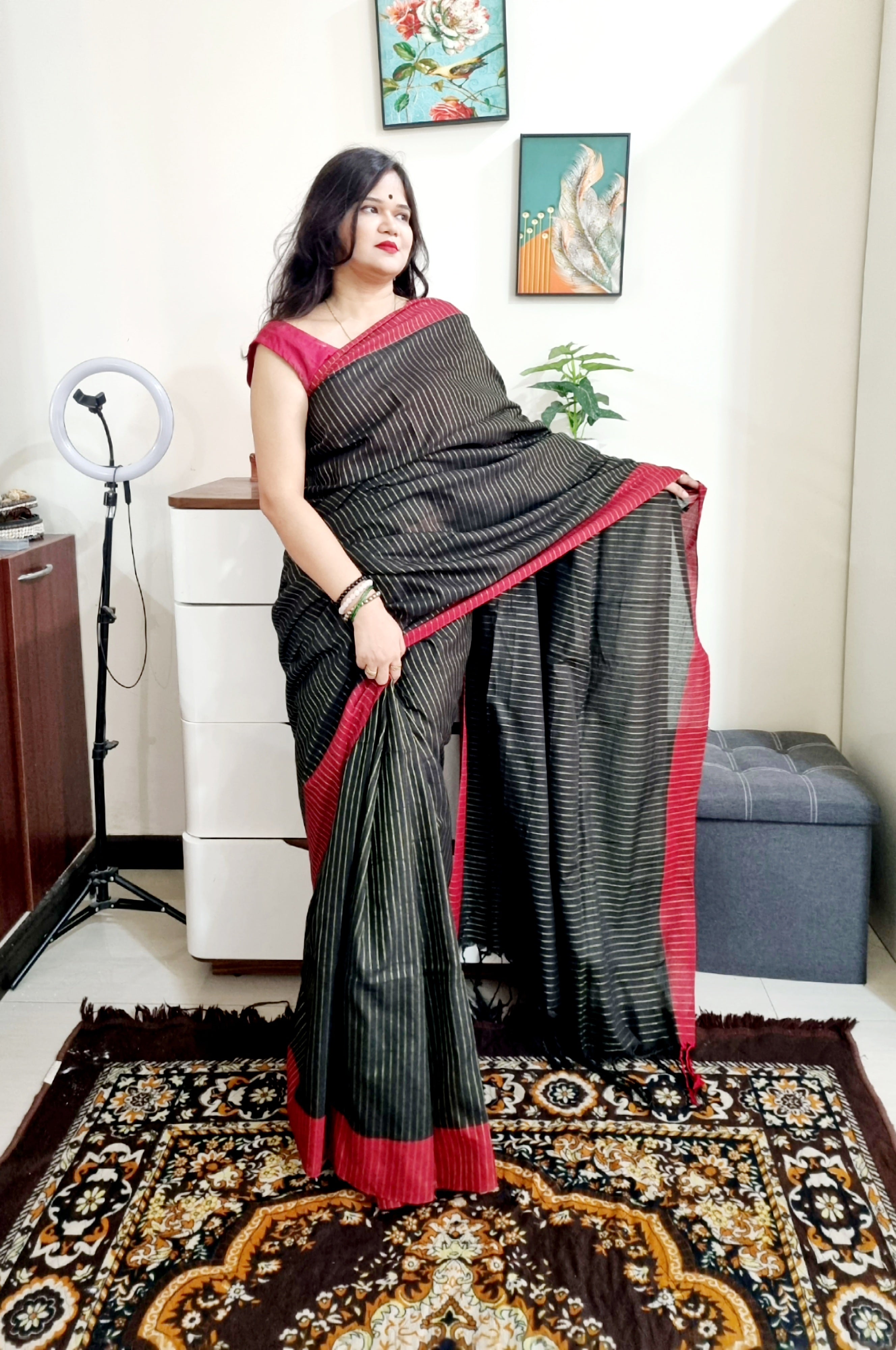 Black and red silver lining bengal handloom soft cotton saree